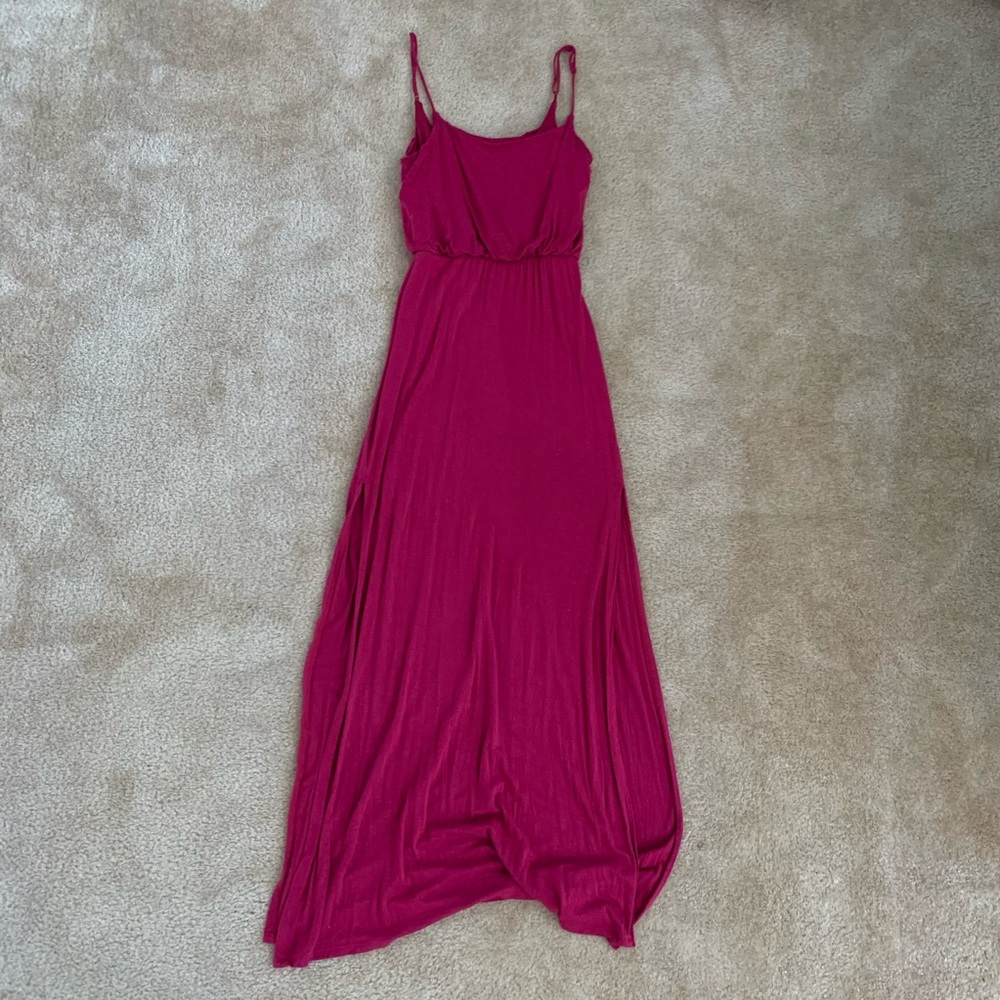 Cranberry colored maxi dress with two leg slits